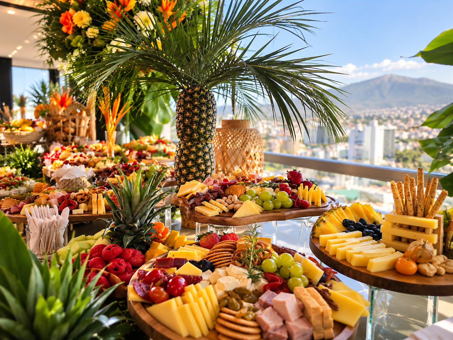 Buffet tropical con vista a la ciudad