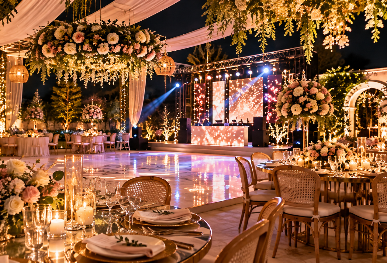 Celebración nocturna entre flores y luces cálidas