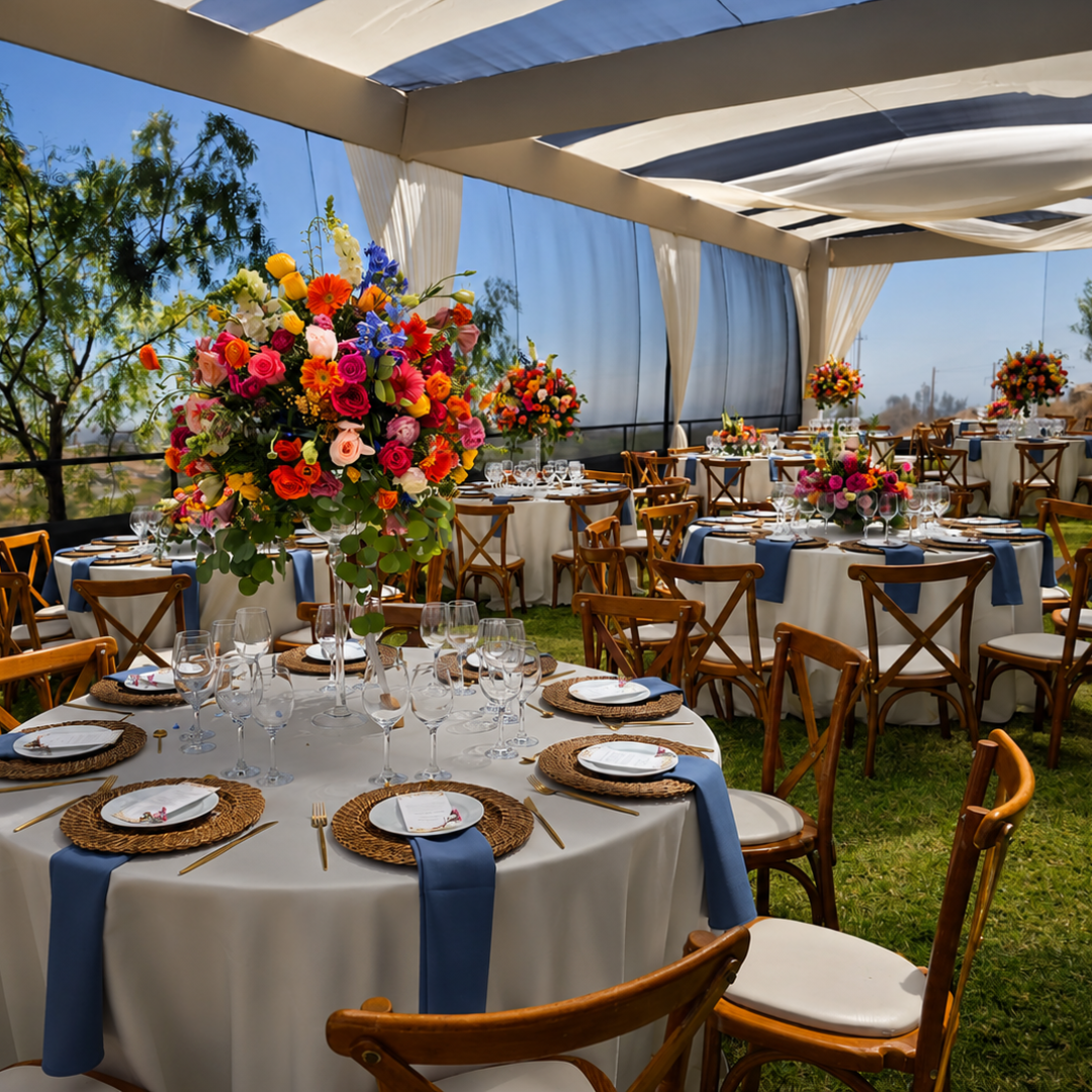 Boda con flores vibrantes y mantelería celeste