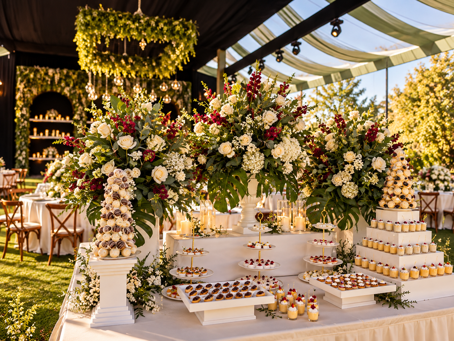 Mesa dulce nupcial entre flores y velas