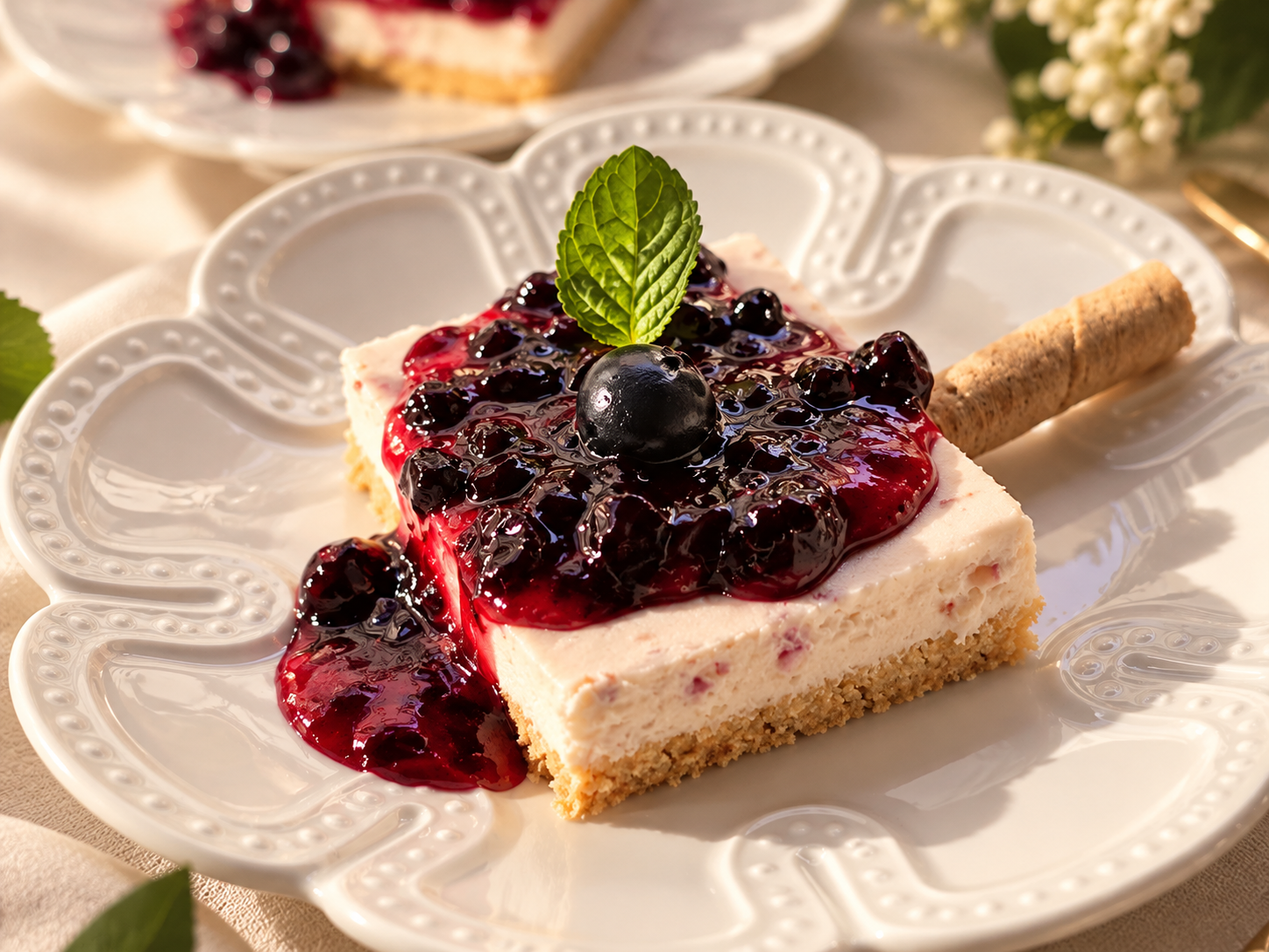 Tarta de queso con frutos rojos y menta