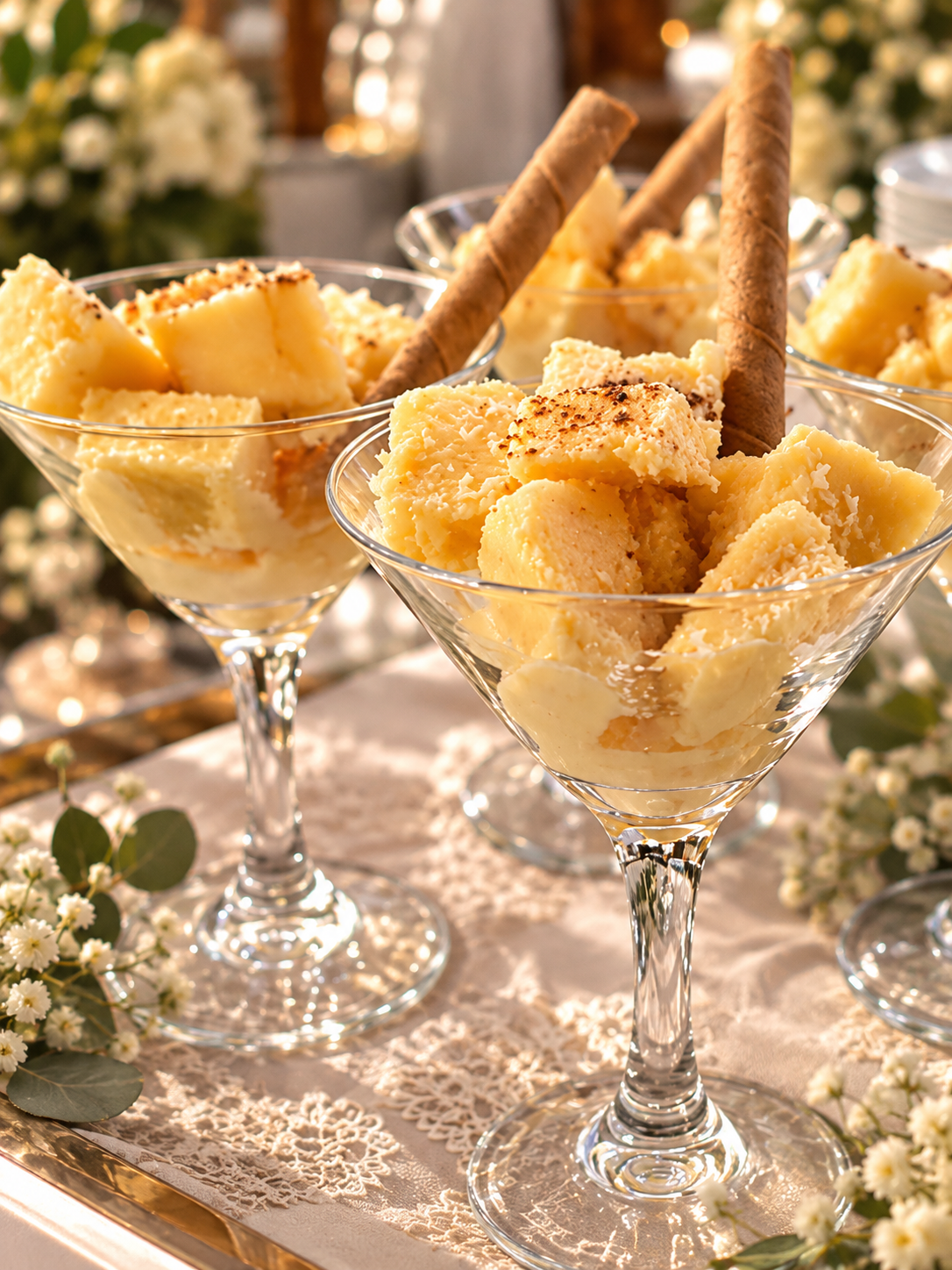 Vasitos de postre tropical con barquillos